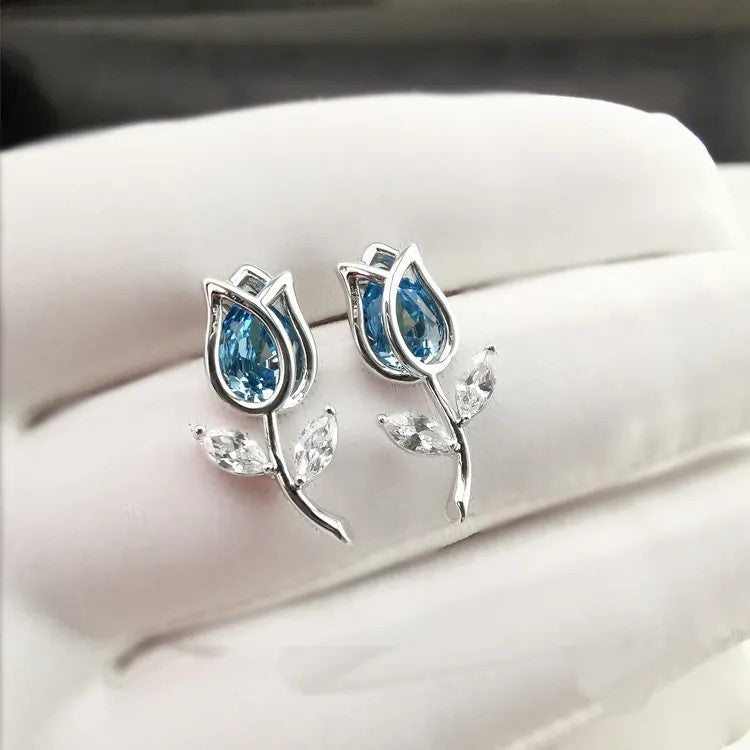 Silver Tulip Earrings with Blue Stone | Floral Jewelry