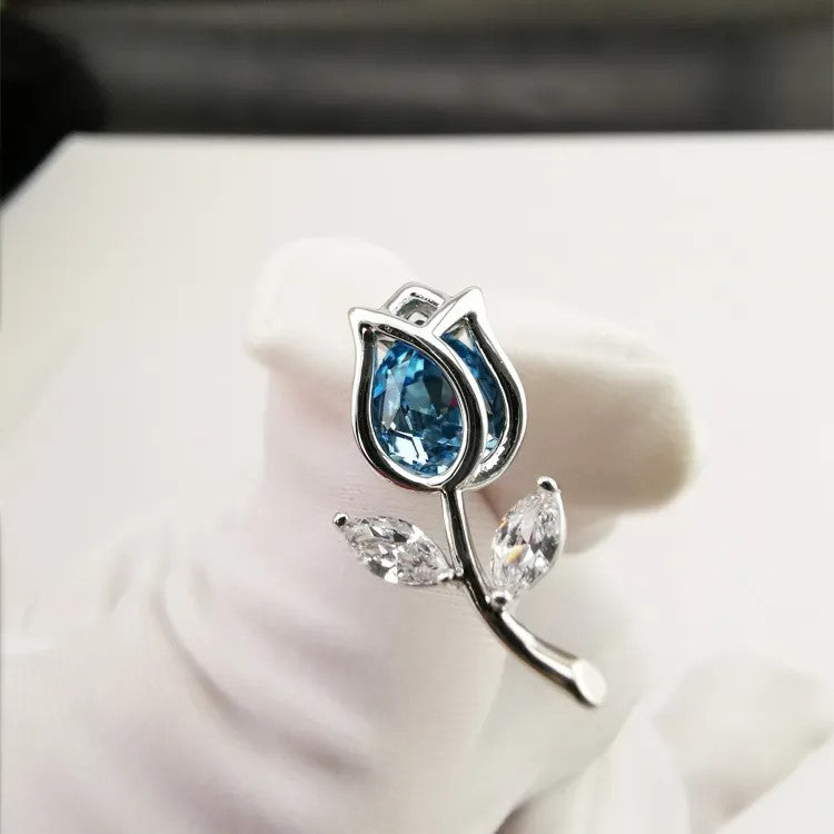 Silver Tulip Earrings with Blue Stone | Floral Jewelry