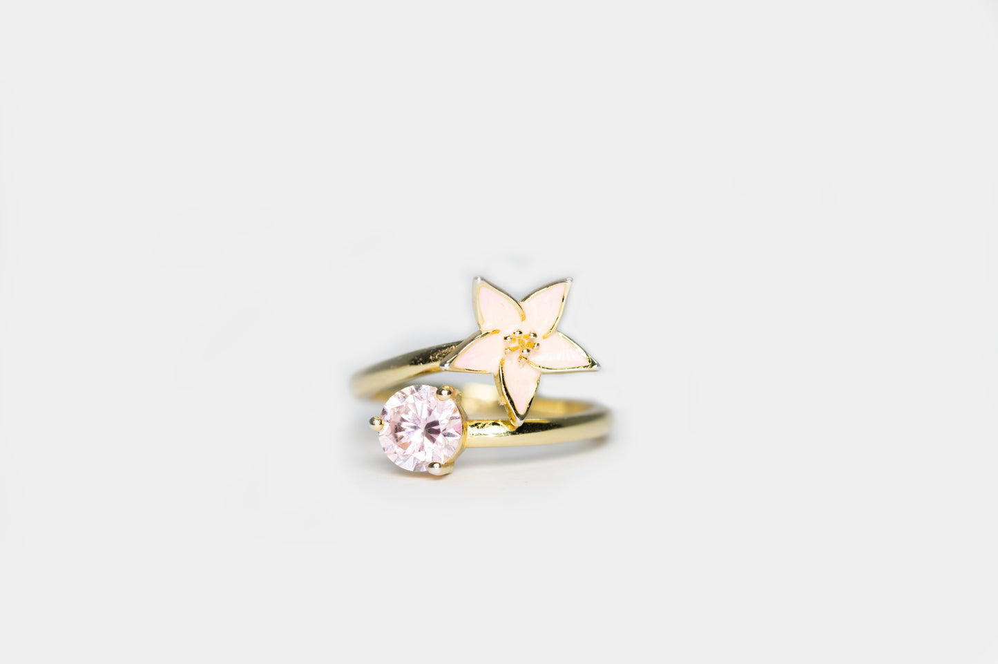 Handmade Gold Plated Adjustable Silver Ring with Pink Enamel Flower & Pink Stone | Hypoallergenic Designer Jewelry