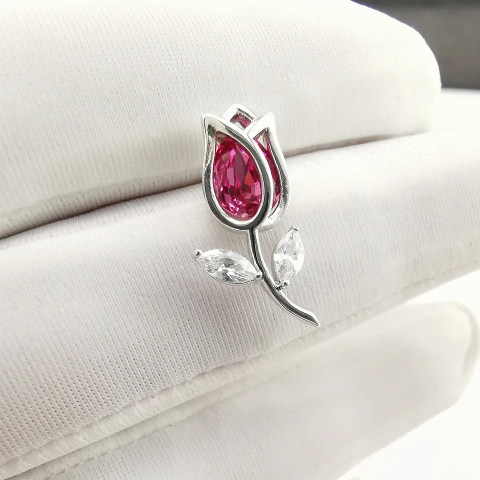 Silver Tulip Flower Earrings with Red Stone | Elegant Floral Jewelry