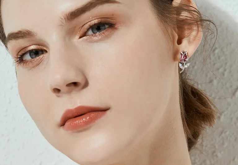 Silver Tulip Flower Earrings with Red Stone | Elegant Floral Jewelry