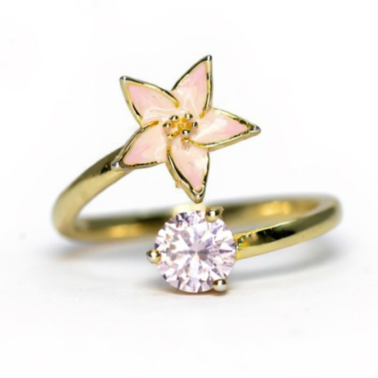 Handmade Gold Plated Adjustable Silver Ring with Pink Enamel Flower & Pink Stone | Hypoallergenic Designer Jewelry