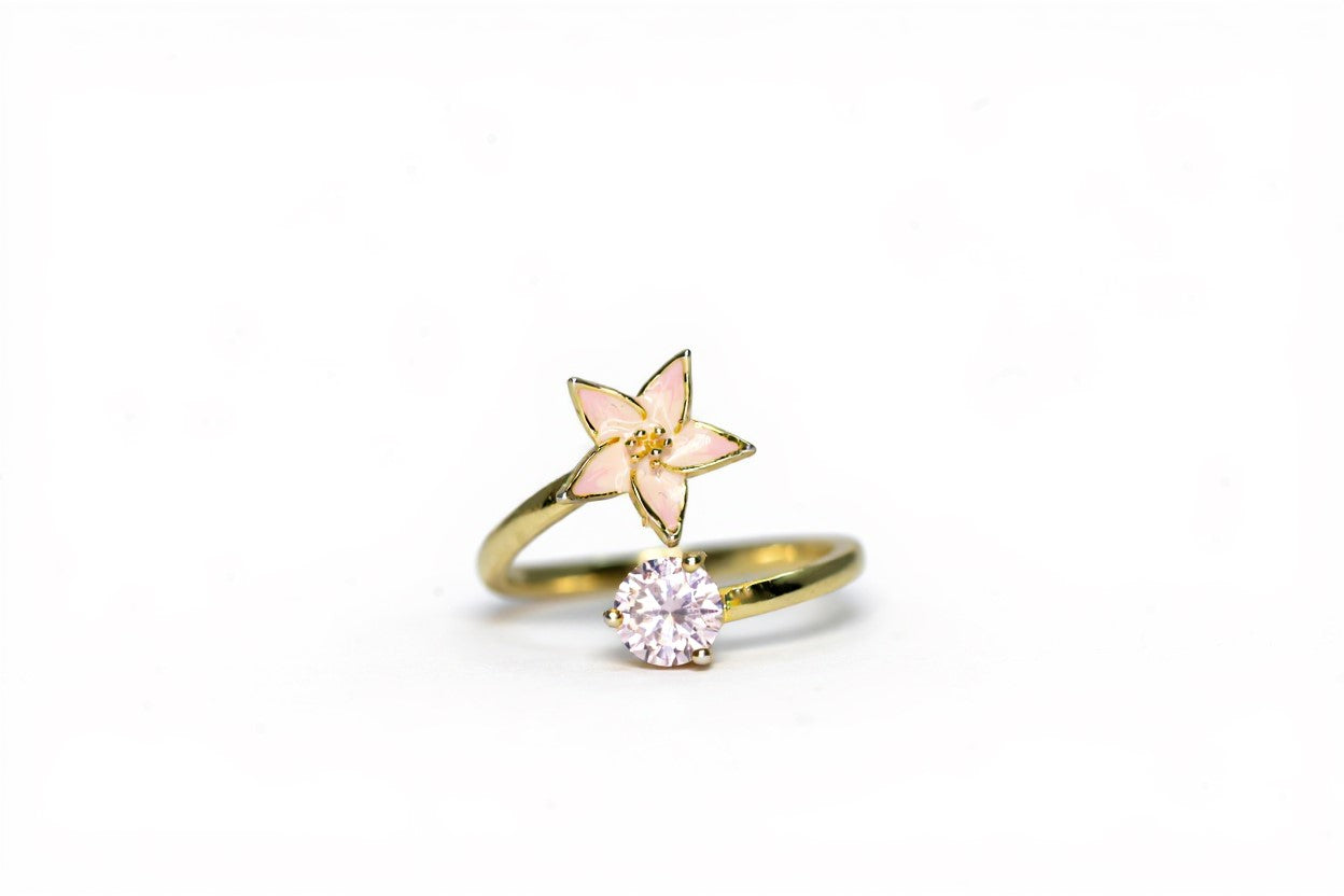Handmade Gold Plated Adjustable Silver Ring with Pink Enamel Flower & Pink Stone | Hypoallergenic Designer Jewelry