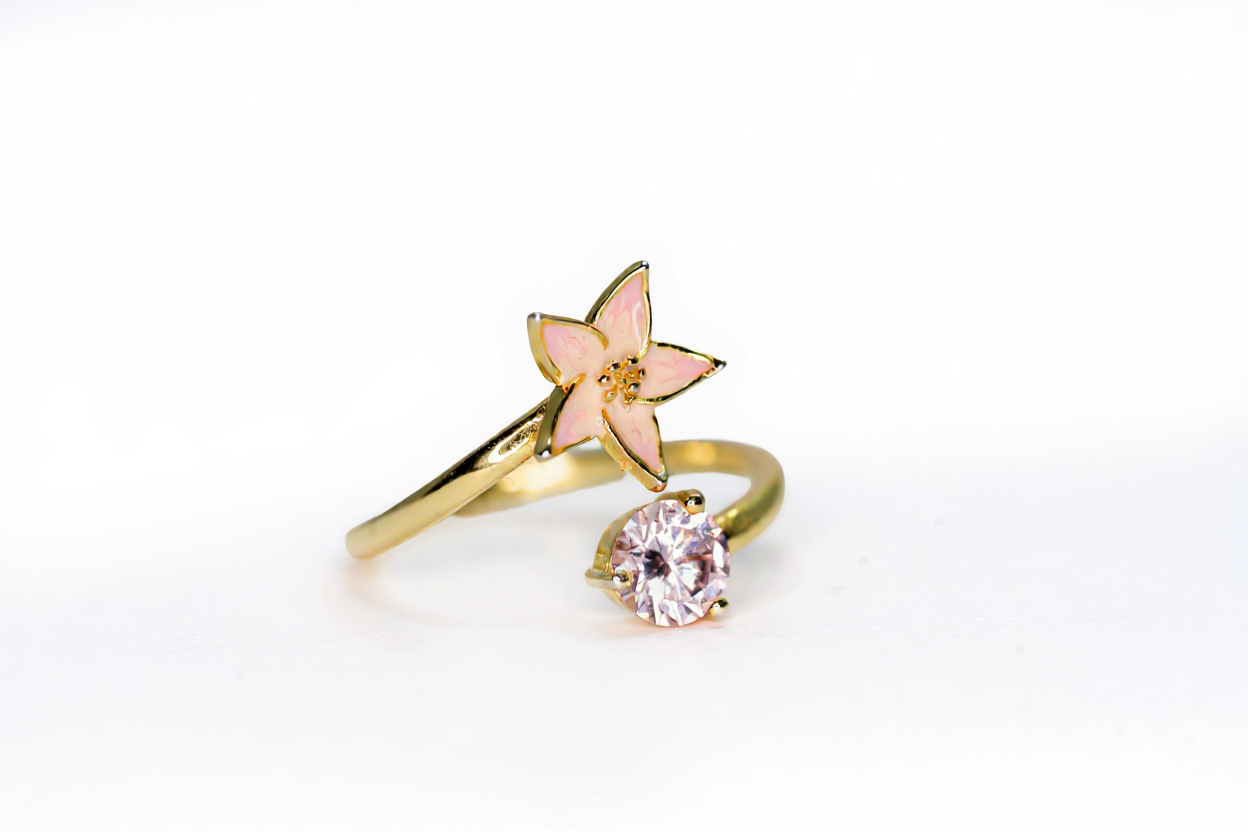 Handmade Gold Plated Adjustable Silver Ring with Pink Enamel Flower & Pink Stone | Hypoallergenic Designer Jewelry