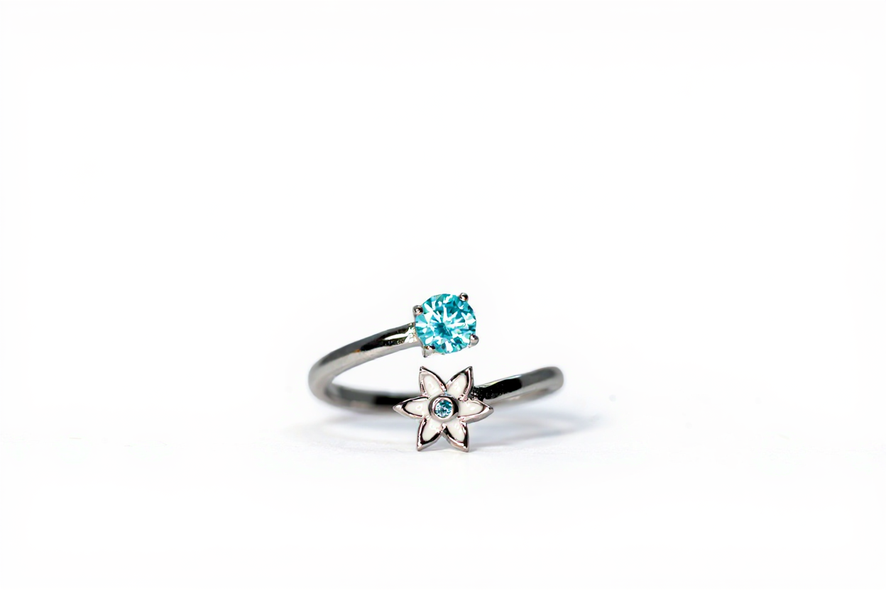Handmade Silver Ring with Blue Stone & White Enamel Flower | Hypoallergenic Designer Jewelry