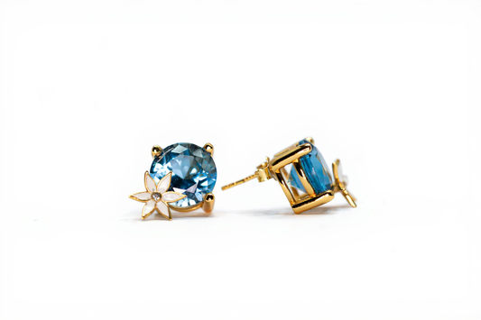 Handmade Gold Plated Silver Earrings with Blue Stone & White Enamel Flower | Hypoallergenic Designer Jewelry