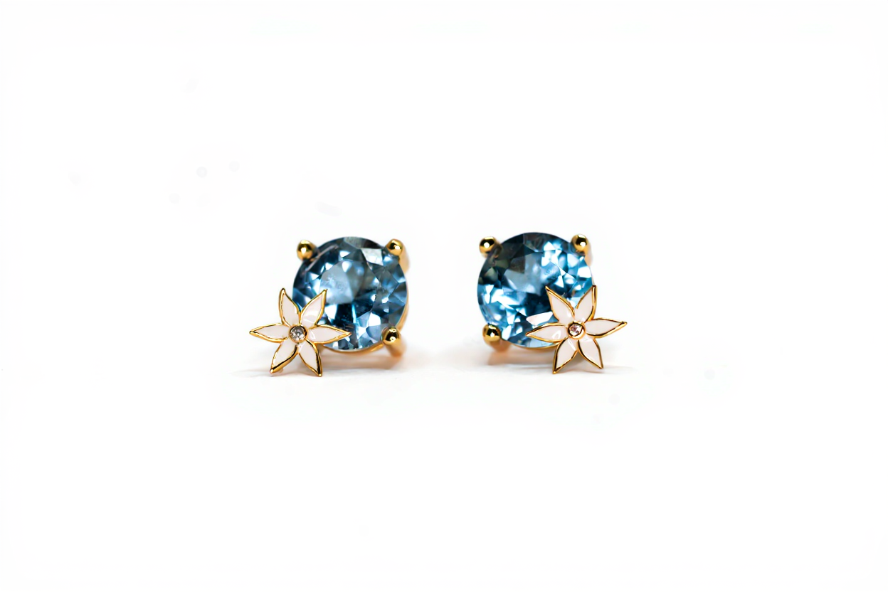 Handmade Gold Plated Silver Earrings with Blue Stone & White Enamel Flower | Hypoallergenic Designer Jewelry