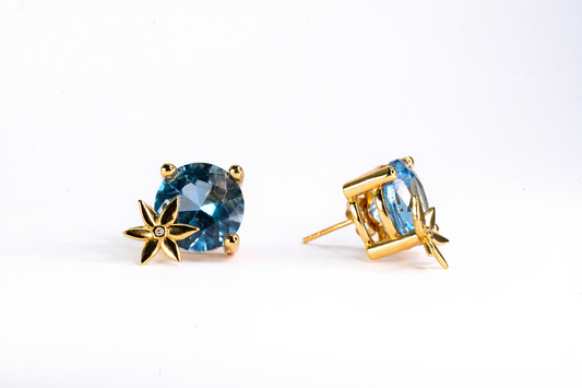 Handmade Gold Plated Silver Stud Earrings with Blue Crystal & Golden Flower | Hypoallergenic Designer Jewelry