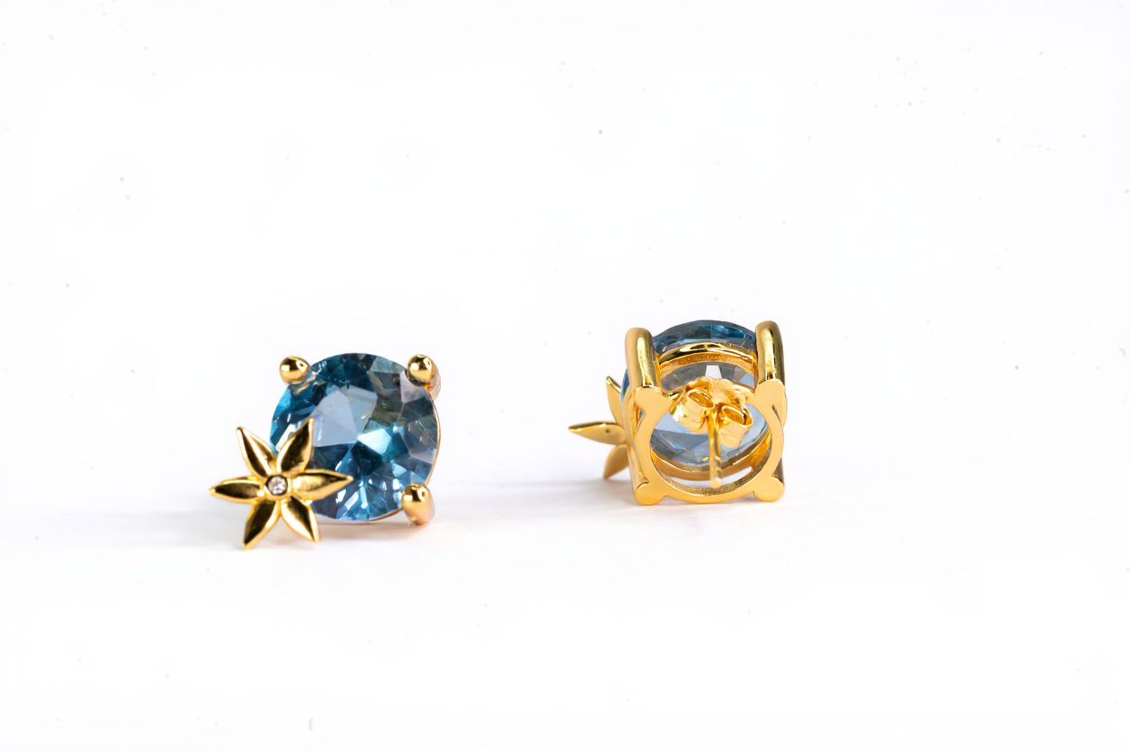 Handmade Gold Plated Silver Stud Earrings with Blue Crystal & Golden Flower | Hypoallergenic Designer Jewelry