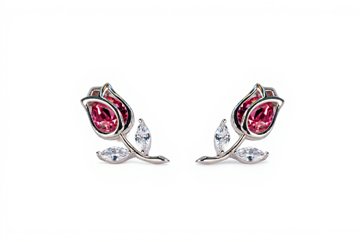 Silver Tulip Flower Earrings with Red Stone | Elegant Floral Jewelry