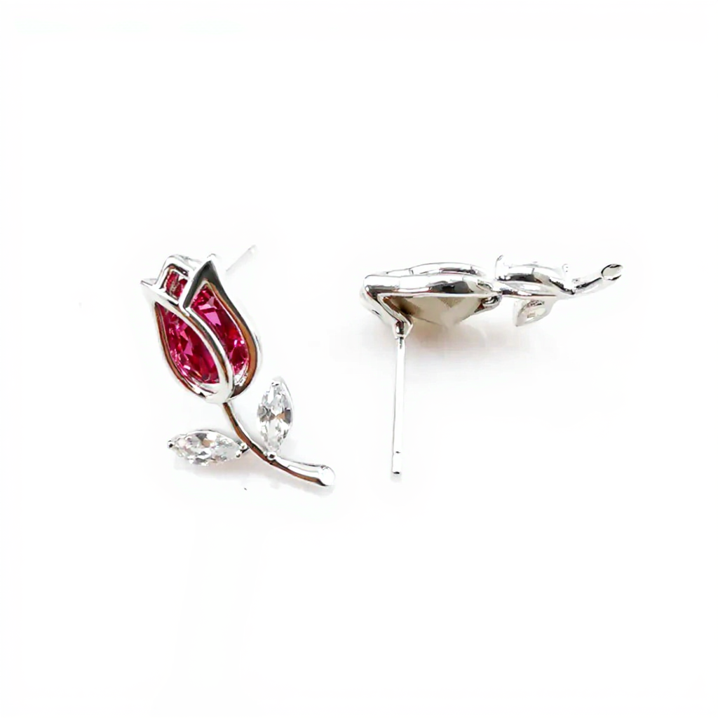 Silver Tulip Flower Earrings with Red Stone | Elegant Floral Jewelry
