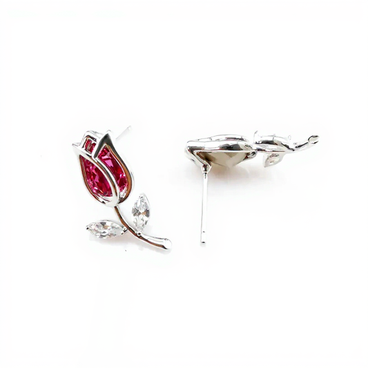 Silver Tulip Flower Earrings with Red Stone | Elegant Floral Jewelry