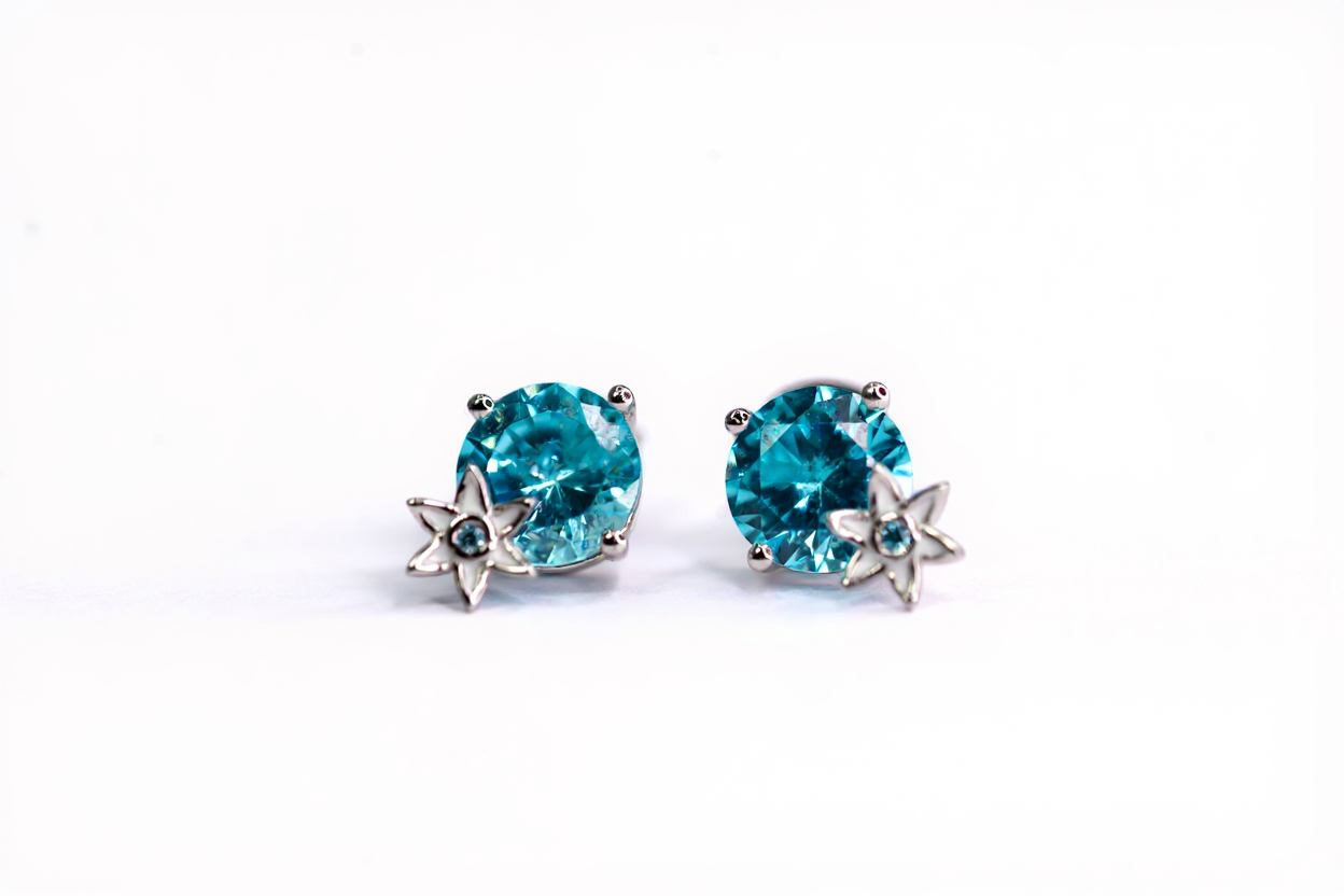 Handmade Silver Stud Earrings with Blue Stone & White Enamel Flower | Hypoallergenic Designer Jewelry