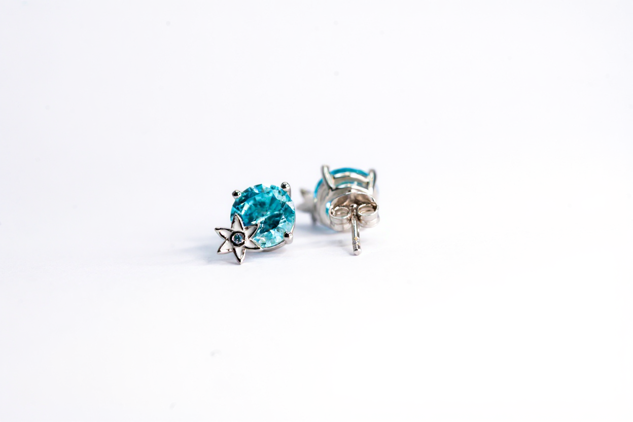 Handmade Silver Stud Earrings with Blue Stone & White Enamel Flower | Hypoallergenic Designer Jewelry