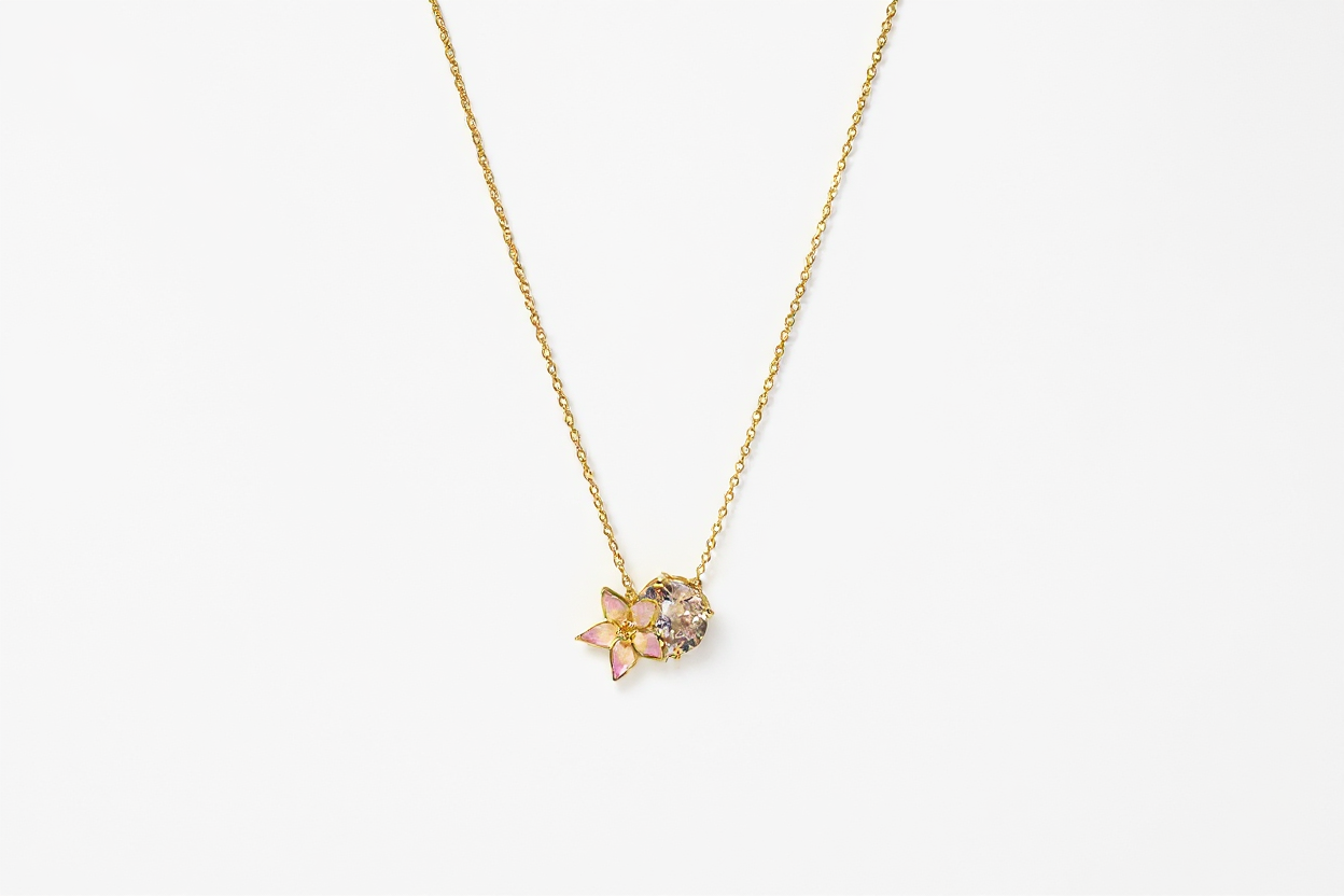Handmade Gold Plated Silver Necklace with Pink Enamel Flower & Pink Stone | Hypoallergenic Designer Jewelry