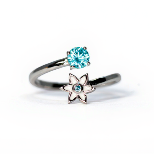 Handmade Silver Ring with Blue Stone & White Enamel Flower | Hypoallergenic Designer Jewelry