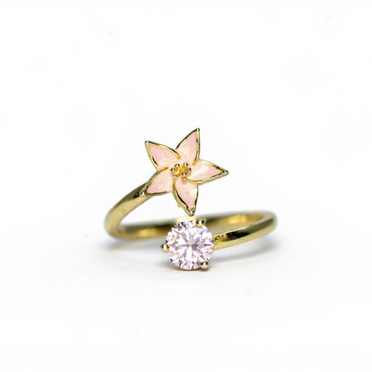 Handmade Gold Plated Adjustable Silver Ring with Pink Enamel Flower & Pink Stone | Hypoallergenic Designer Jewelry