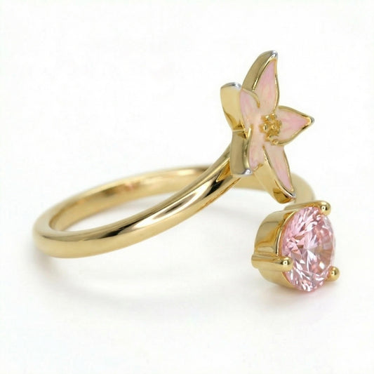 Handmade Gold Plated Adjustable Silver Ring with Pink Enamel Flower & Pink Stone | Hypoallergenic Designer Jewelry