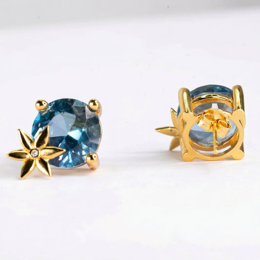 Handmade Gold Plated Silver Stud Earrings with Blue Crystal & Golden Flower | Hypoallergenic Designer Jewelry
