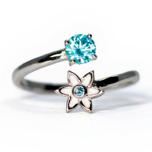 Handmade Silver Ring with Blue Stone & White Enamel Flower | Hypoallergenic Designer Jewelry