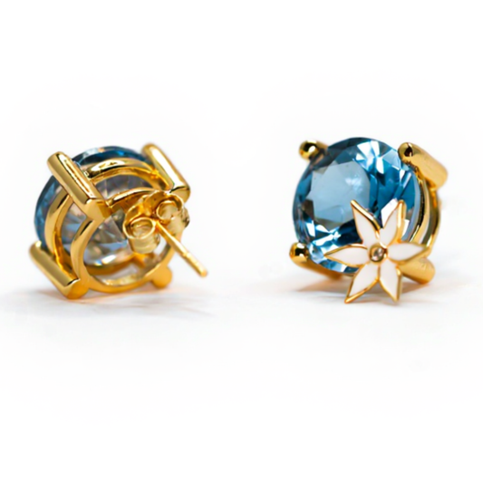 Handmade Gold Plated Silver Earrings with Blue Stone & White Enamel Flower | Hypoallergenic Designer Jewelry