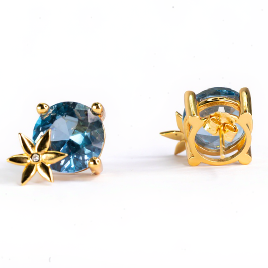 Handmade Gold Plated Silver Stud Earrings with Blue Crystal & Golden Flower | Hypoallergenic Designer Jewelry