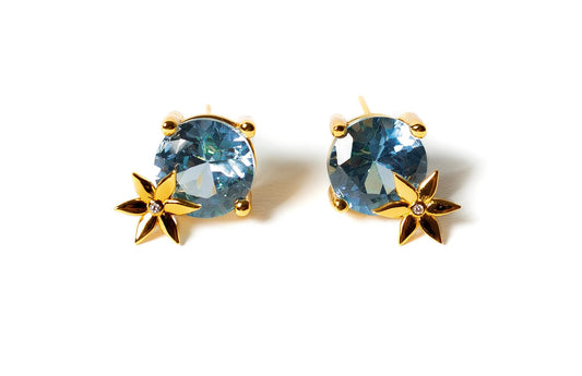 Handmade Gold Plated Silver Stud Earrings with Blue Crystal & Golden Flower | Hypoallergenic Designer Jewelry