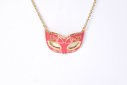Gold-plated mask pendant necklace made of sterling silver with colorful enamel"

"Close-up of enamel mask-shaped silver necklace for women"

"Unique handcrafted artistic mask necklace on model"

