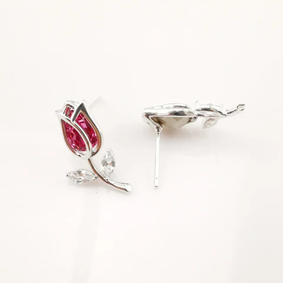 Blooming Beauty: Steriling Silver Stud Earrings With Red Stone