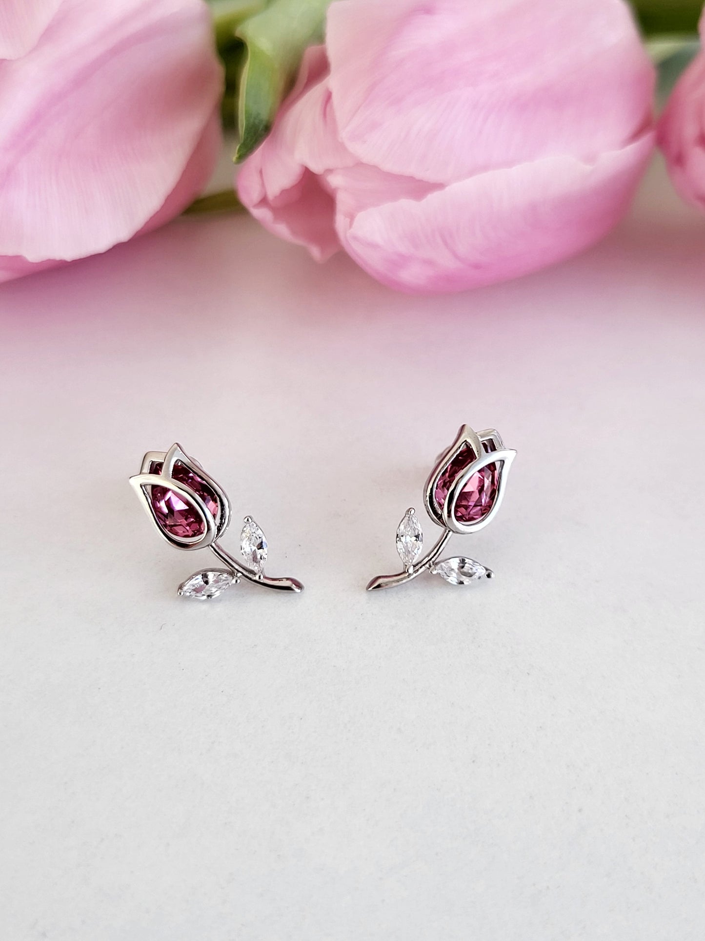 Blooming Beauty: Steriling Silver Stud Earrings With Red Stone