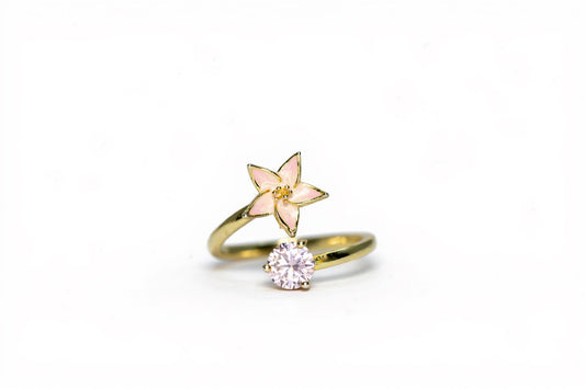Handmade Gold Plated Adjustable Silver Ring with Pink Enamel Flower & Pink Stone | Hypoallergenic Designer Jewelry