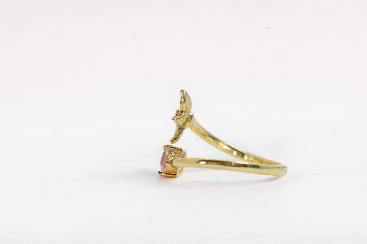 Handmade Gold Plated Adjustable Silver Ring with Pink Enamel Flower & Pink Stone | Hypoallergenic Designer Jewelry