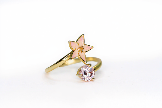 Handmade Gold Plated Adjustable Silver Ring with Pink Enamel Flower & Pink Stone | Hypoallergenic Designer Jewelry
