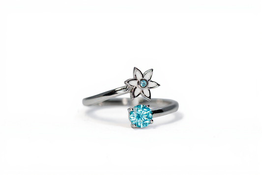 Handmade Silver Ring with Blue Stone & White Enamel Flower | Hypoallergenic Designer Jewelry