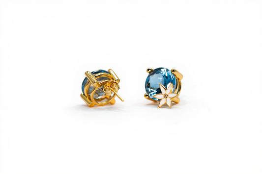 Handmade Gold Plated Silver Earrings with Blue Stone & White Enamel Flower | Hypoallergenic Designer Jewelry