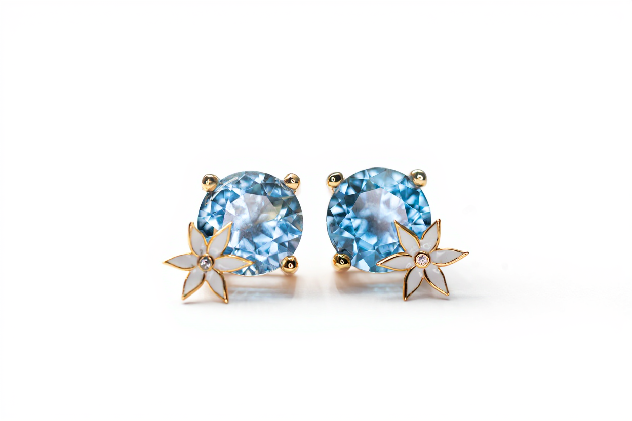 Handmade Gold Plated Silver Earrings with Blue Stone & White Enamel Flower | Hypoallergenic Designer Jewelry