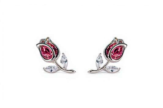 Silver Tulip Flower Earrings with Red Stone | Elegant Floral Jewelry