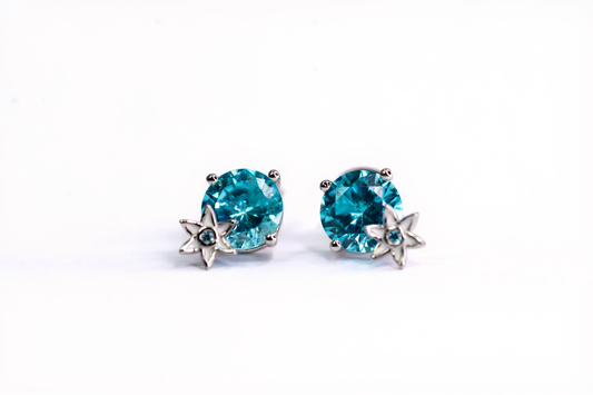 Handmade Silver Stud Earrings with Blue Stone & White Enamel Flower | Hypoallergenic Designer Jewelry