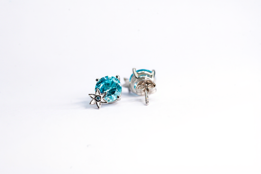 Handmade Silver Stud Earrings with Blue Stone & White Enamel Flower | Hypoallergenic Designer Jewelry