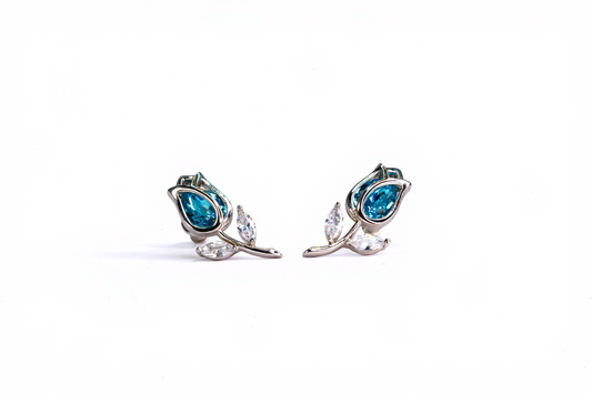 Silver Tulip Earrings with Blue Stone | Floral Jewelry