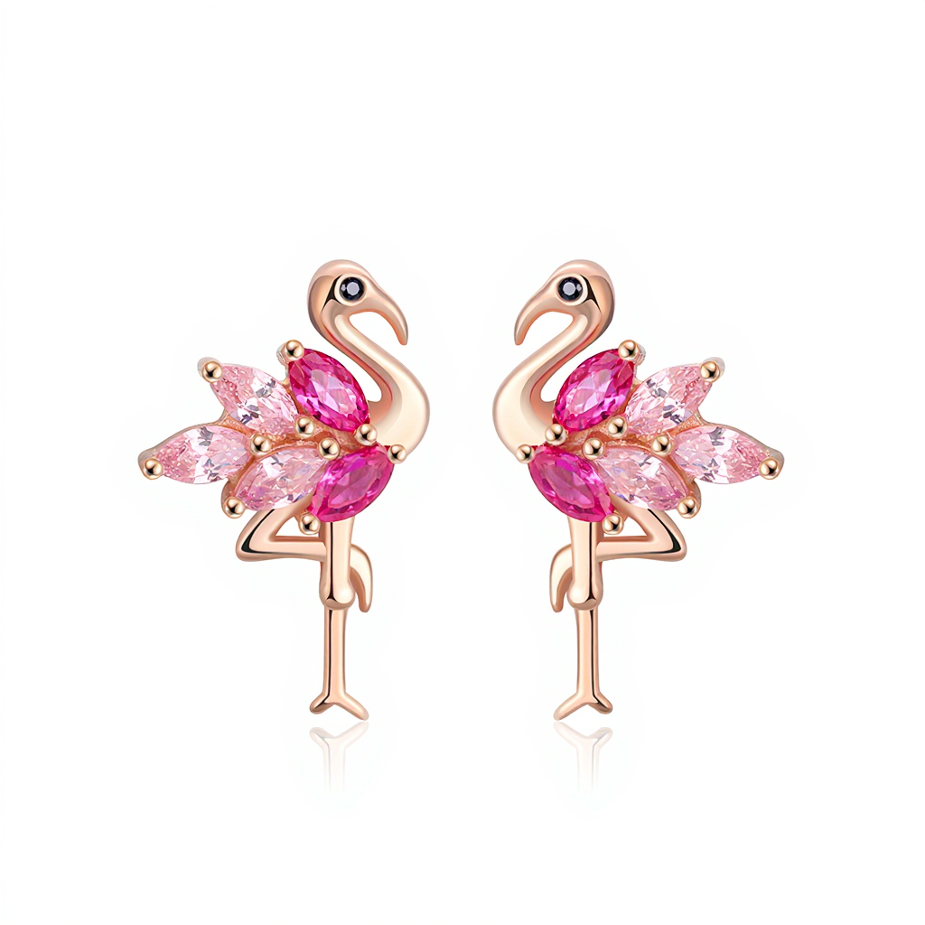 Pink Flamingo Stud Earrings | Rose Gold Plated Silver Jewelry