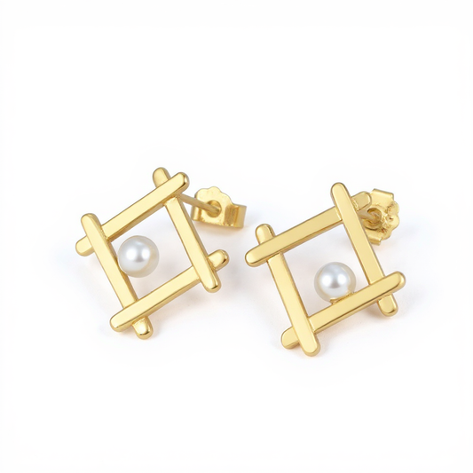 Square Pearl Stud Earrings | Gold Plated Sterling Silver Jewelry