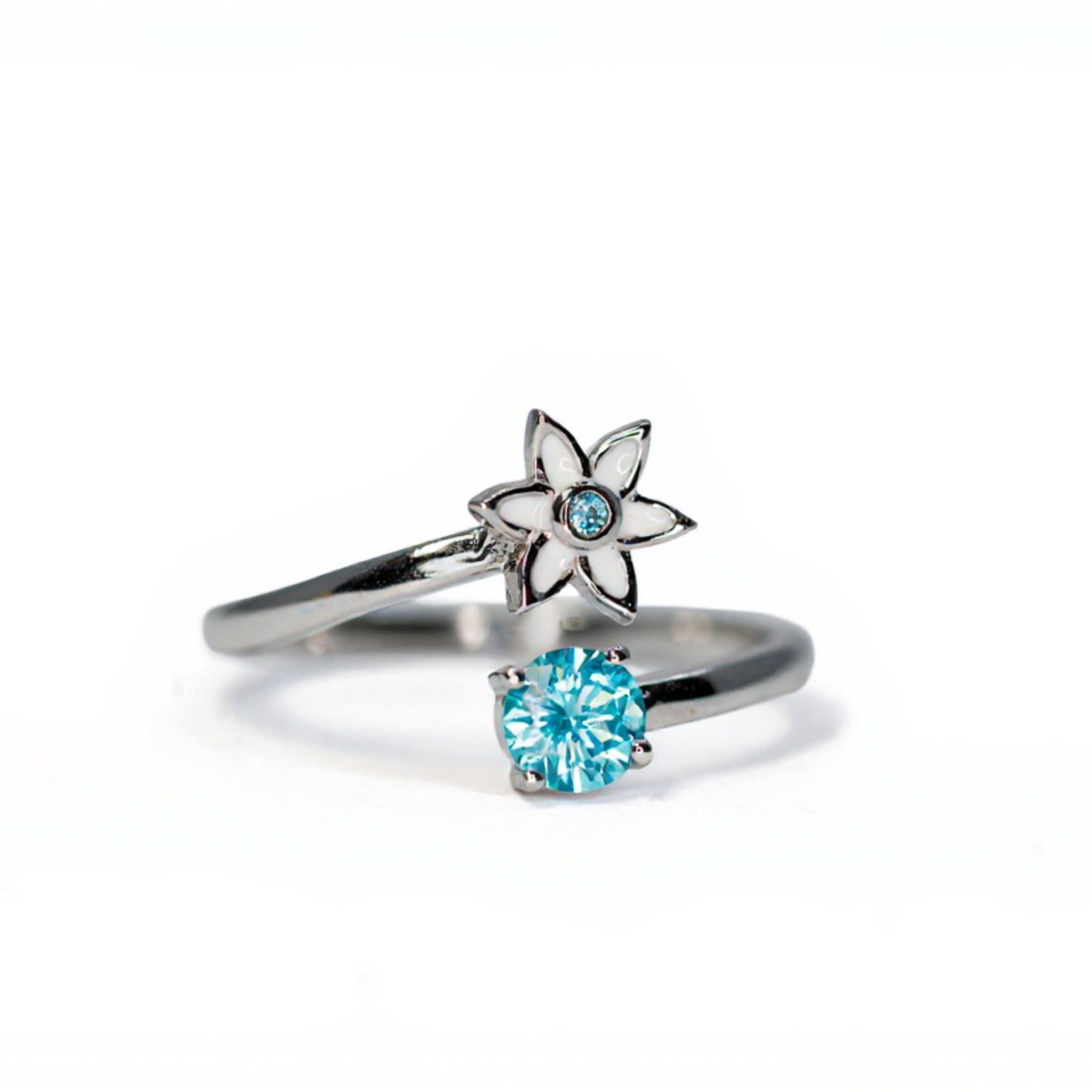 Handmade Silver Ring with Blue Stone & White Enamel Flower | Hypoallergenic Designer Jewelry