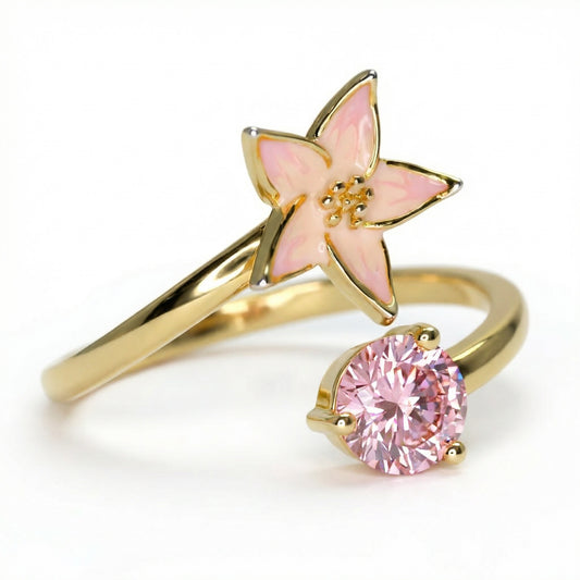 Handmade Gold Plated Adjustable Silver Ring with Pink Enamel Flower & Pink Stone | Hypoallergenic Designer Jewelry