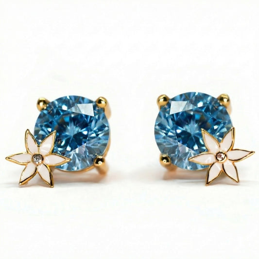 Handmade Gold Plated Silver Earrings with Blue Stone & White Enamel Flower | Hypoallergenic Designer Jewelry
