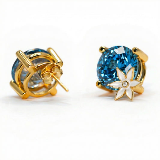 Handmade Gold Plated Silver Earrings with Blue Stone & White Enamel Flower | Hypoallergenic Designer Jewelry