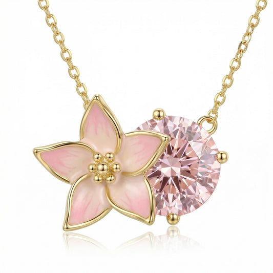 Handmade Gold Plated Silver Necklace with Pink Enamel Flower & Pink Stone | Hypoallergenic Designer Jewelry