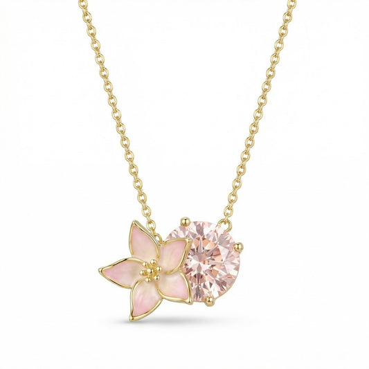 Handmade Gold Plated Silver Necklace with Pink Enamel Flower & Pink Stone | Hypoallergenic Designer Jewelry