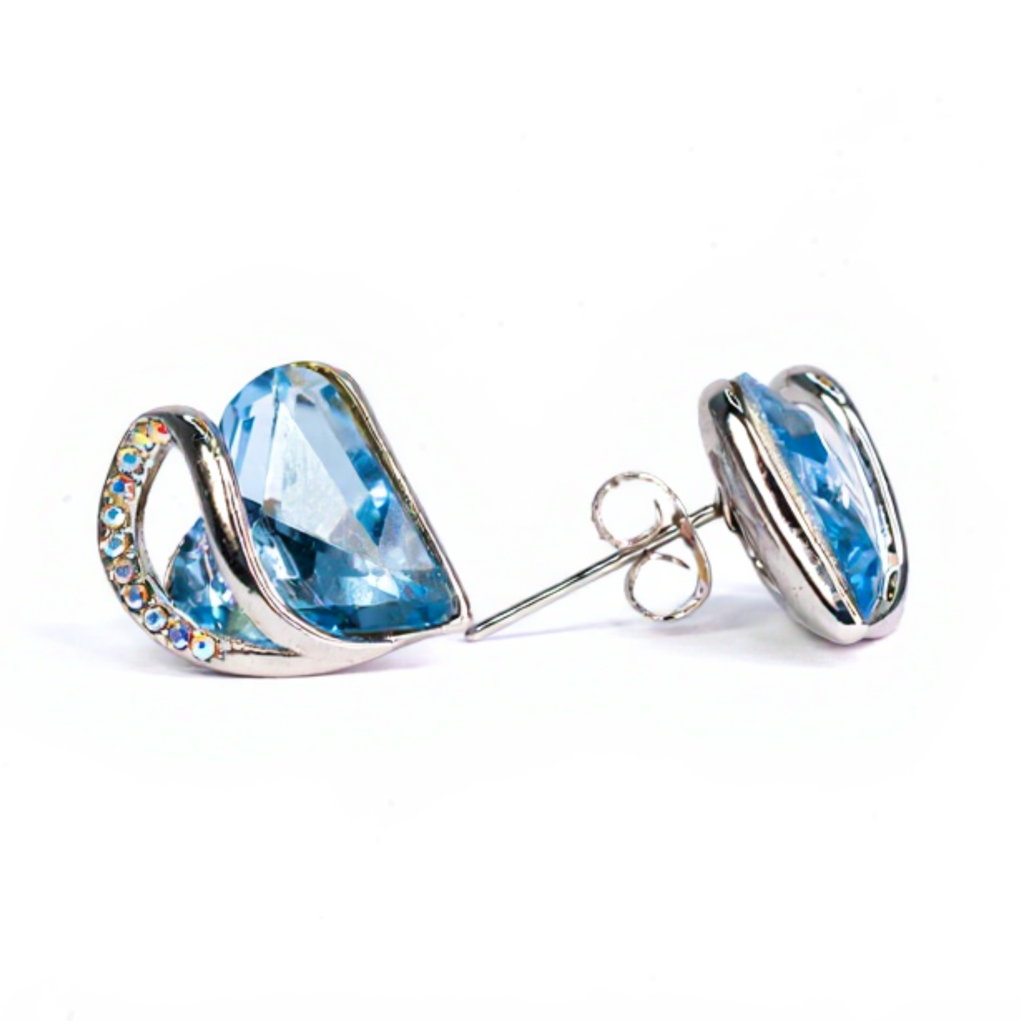 Sterling Silver Heart Stud Earrings with Blue Crystal – Dainty & Elegant