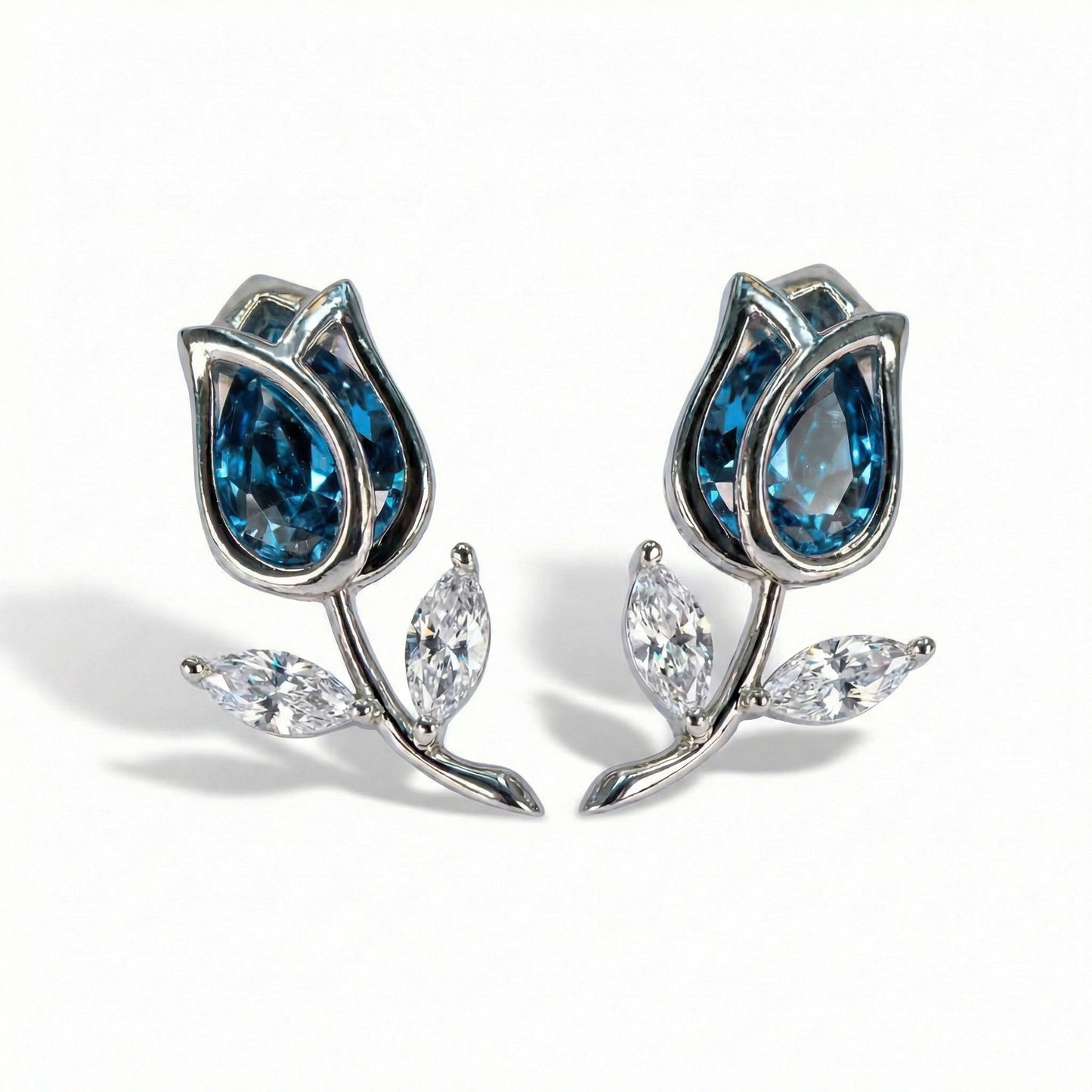 Silver Tulip Earrings with Blue Stone | Floral Jewelry